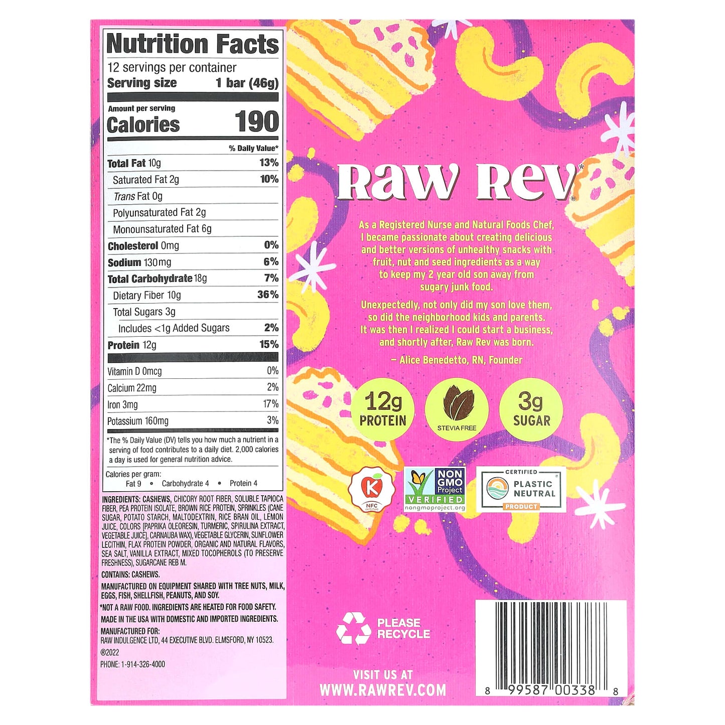 Raw Rev, Plant-Based Protein Bar, Birthday Cake, 12 Bars, 1.6 oz (46 g) Each