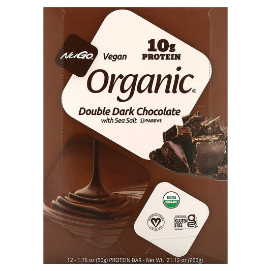 NuGo Nutrition-Organic Protein Bars-Double Dark Chocolate with Sea Salt-12 Bars-1.76 oz (50 g) Each