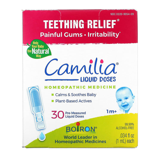 Boiron-Camilia-Teething Relief-1 Month+-30 Pre-Measured Liquid Doses-0.034 fl oz (1 ml) Each