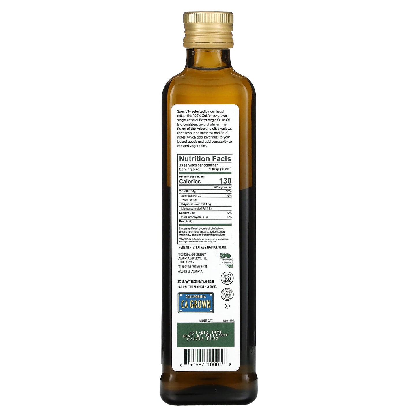 California Olive Ranch, 100% California, Extra Virgin Olive Oil, Arbosana, 16.9 fl oz (500 ml)