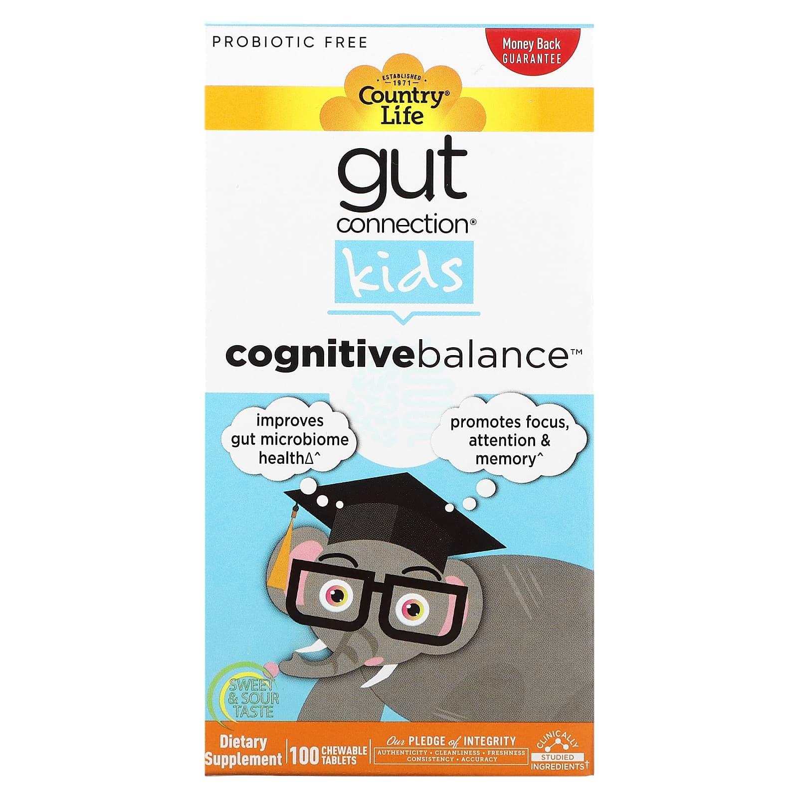 Country Life-Gut Connection Kids-Cognitive Balance-Sweet & Sour-100 Chewable Tablets