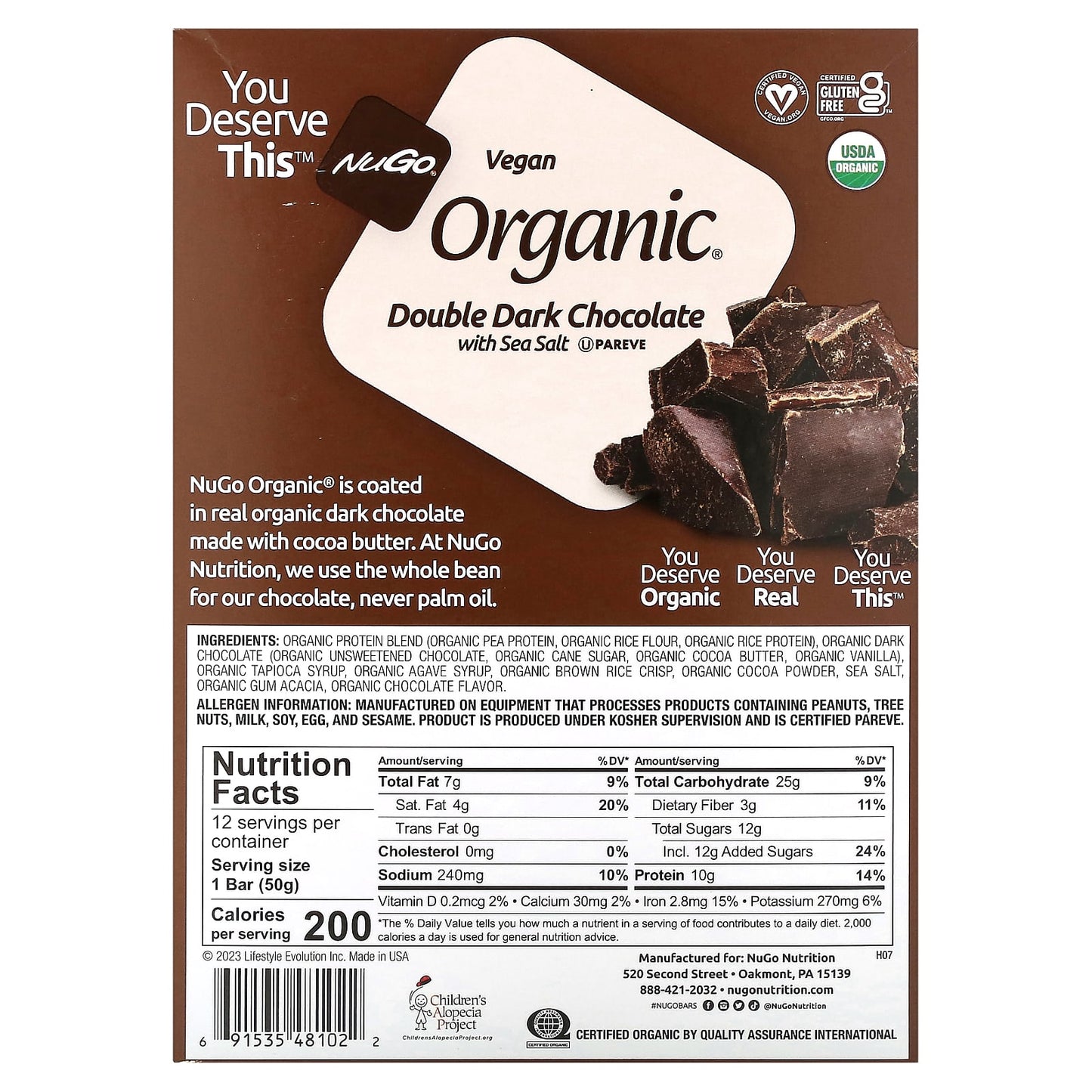 NuGo Nutrition, Organic Protein Bars, Double Dark Chocolate with Sea Salt, 12 Bars, 1.76 oz (50 g) Each