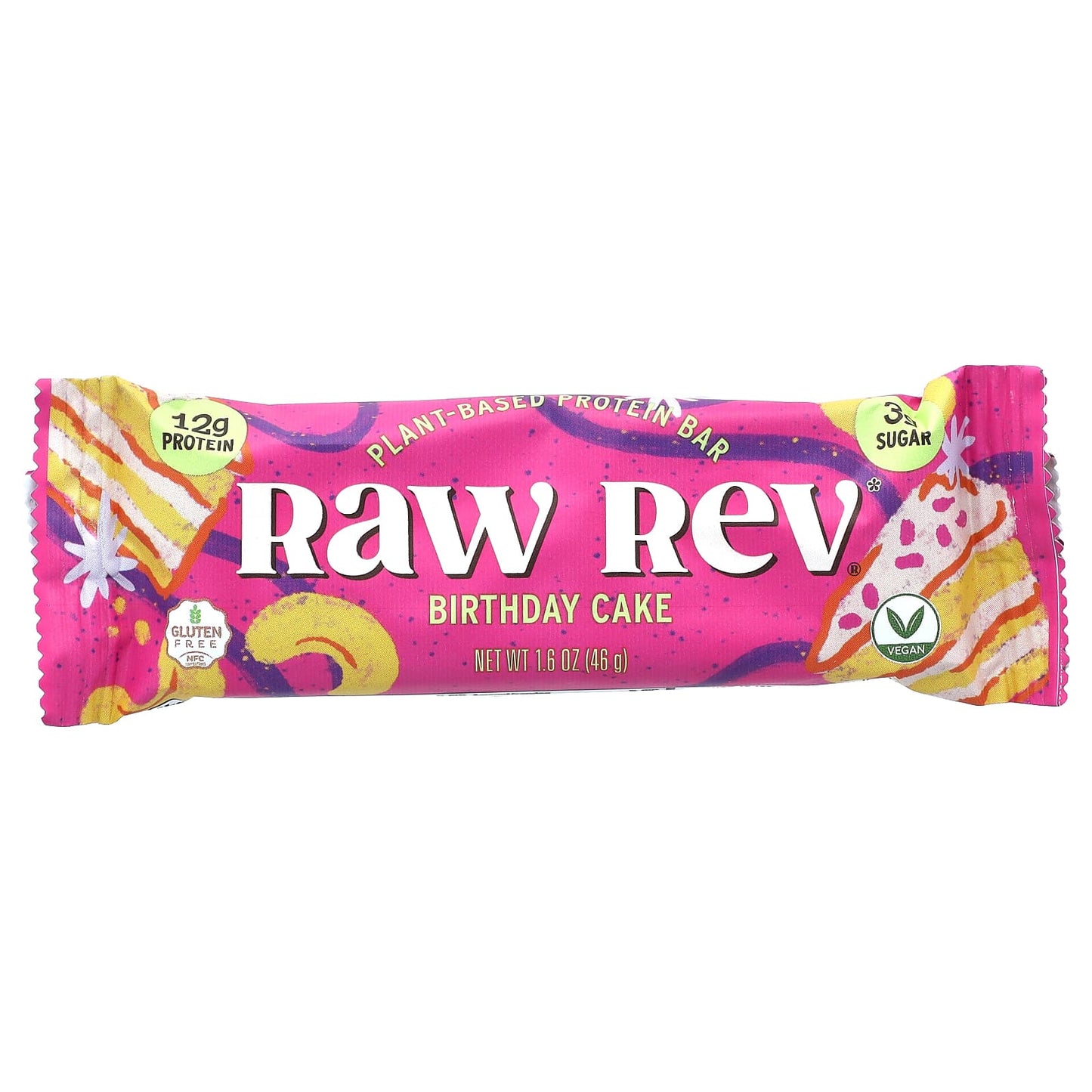 Raw Rev, Plant-Based Protein Bar, Birthday Cake, 12 Bars, 1.6 oz (46 g) Each