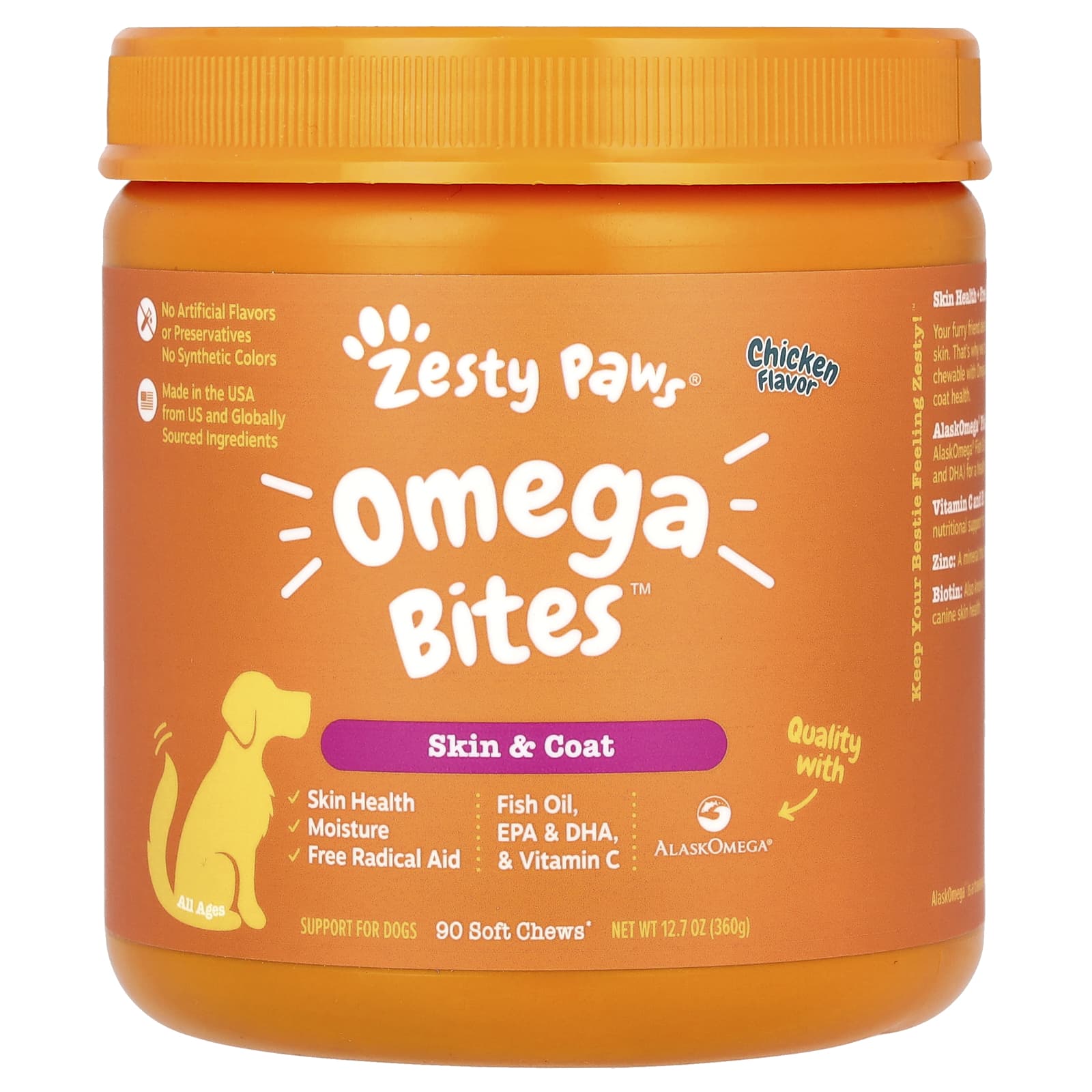 Zesty Paws-Omega Bites-Skin & Coat-For Dogs-All Ages-Chicken-90 Soft Chews-12.7 oz (360 g)