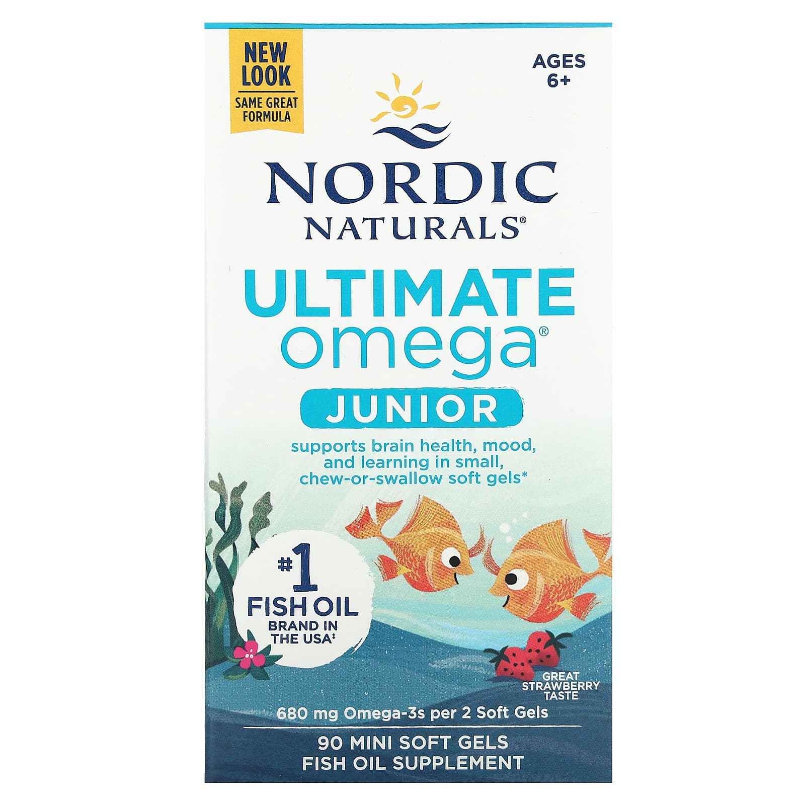 Nordic Naturals-Ultimate Omega Junior- Ages 6+-Strawberry-680 mg-90 Mini Soft Gels (340 mg per Soft Gel)