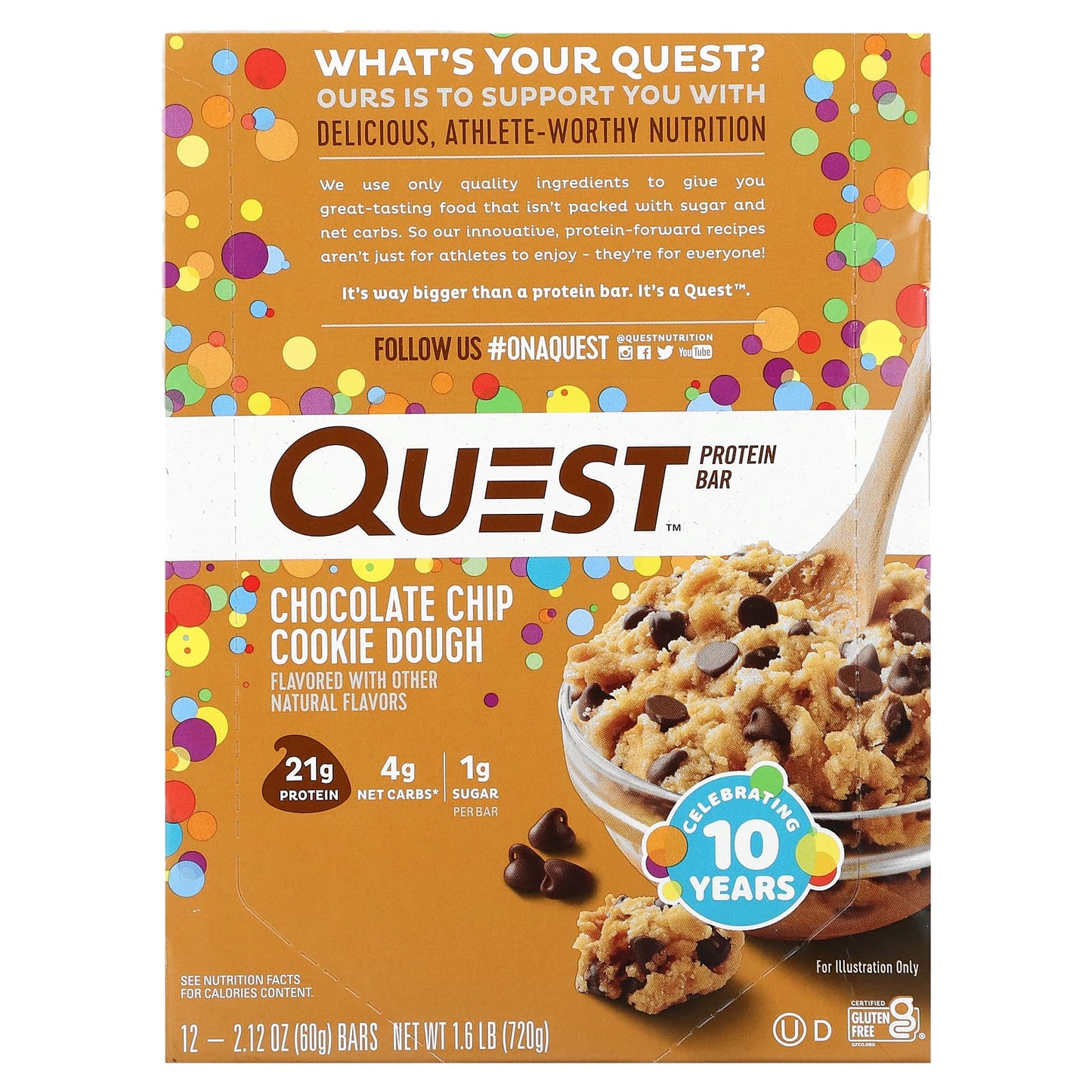 Quest Nutrition-Protein Bar-Chocolate Chip Cookie Dough-12 Bars-2.12 oz (60 g) Each