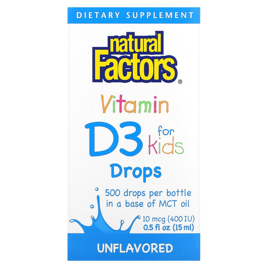 Natural Factors-Vitamin D3 Drops for Kids-Unflavored-10 mcg (400 IU)-0.5 fl oz (15 ml)