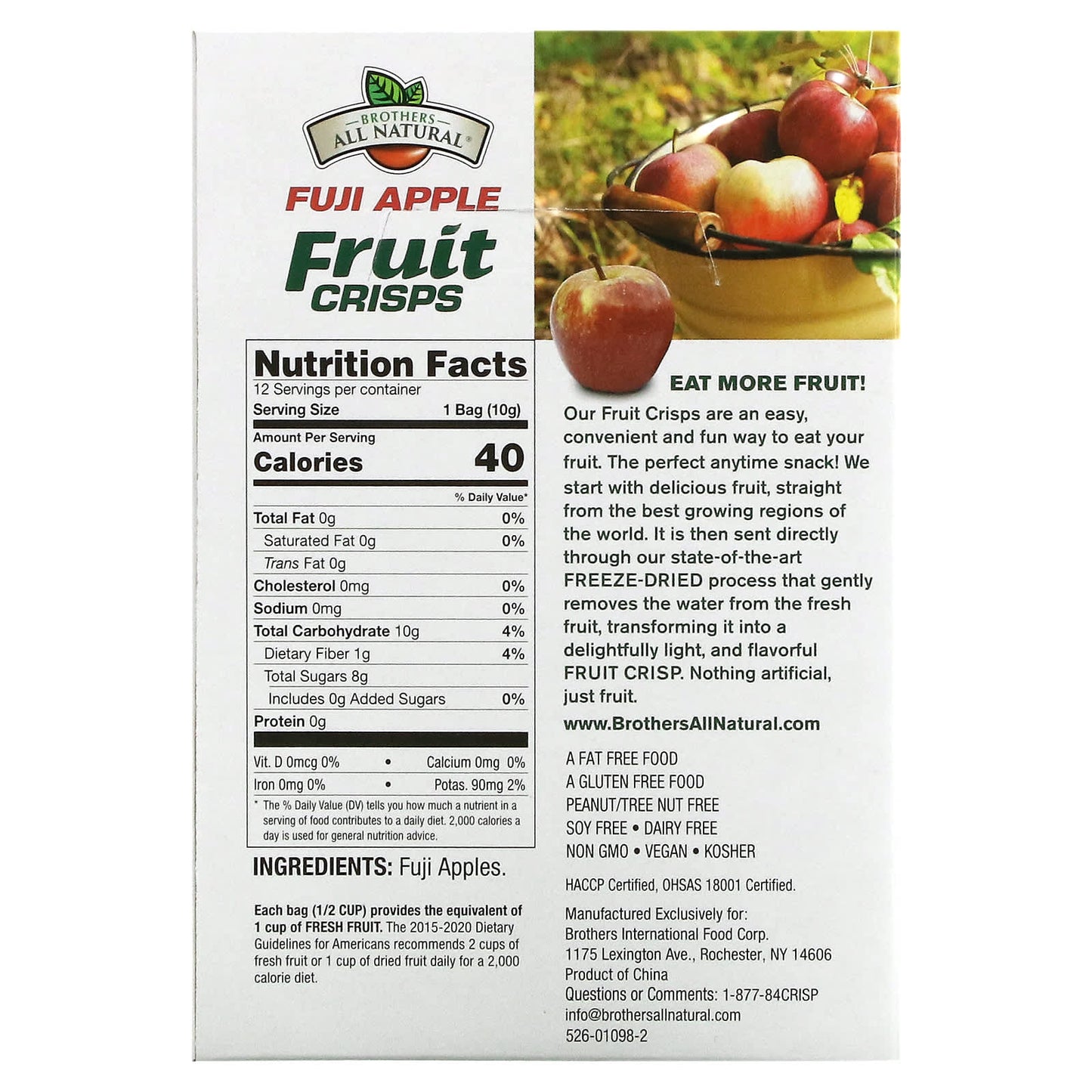 Brothers-All-Natural, Freeze Dried Fruit Crisps, Fuji Apple, 12 Single-Serve Bags, 0.35 oz (10 g) Each