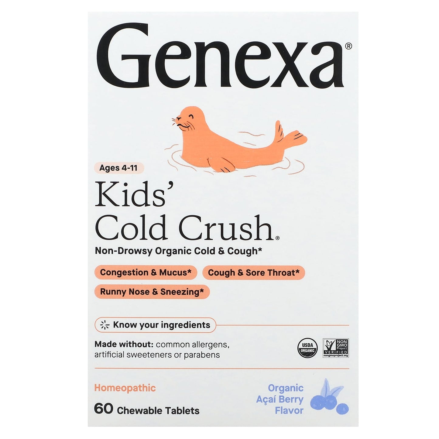 Genexa-Kids´ Cold Crush- Ages 4-11-Organic Acai Berry-60 Chewable Tablets