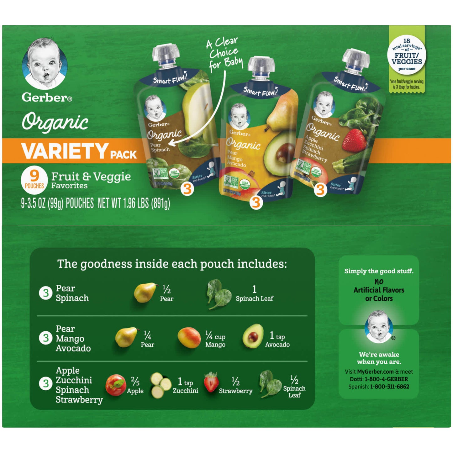 Gerber, Organic Variety Pack, 2nd Foods, Fruit & Veggie Favorites, 9 Pouches, 3.5 oz (99 g) Each