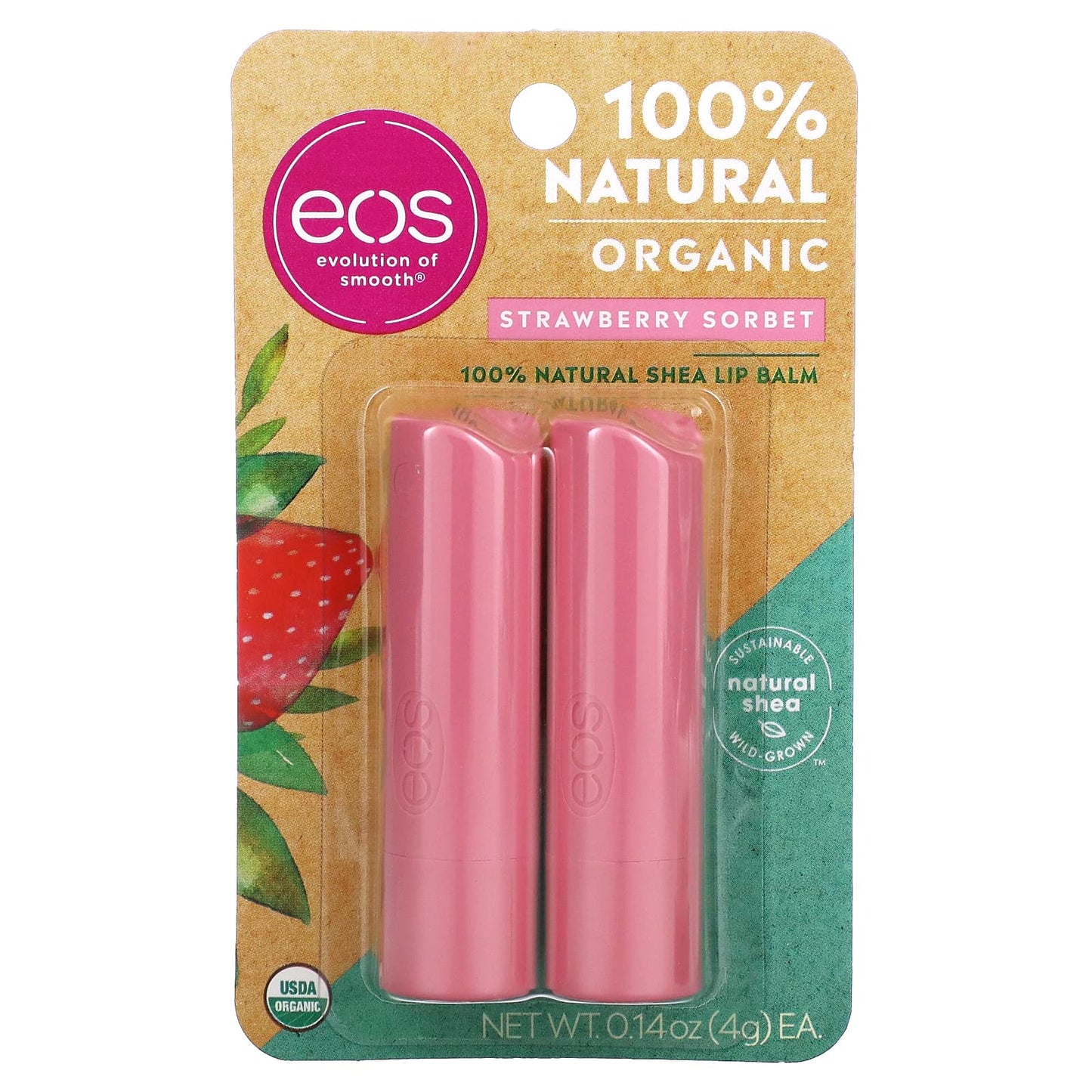 EOS, Organic 100% Natural Shea Lip Balm, Strawberry Sorbet, 2 Pack, 0.14 oz (4 g) Each