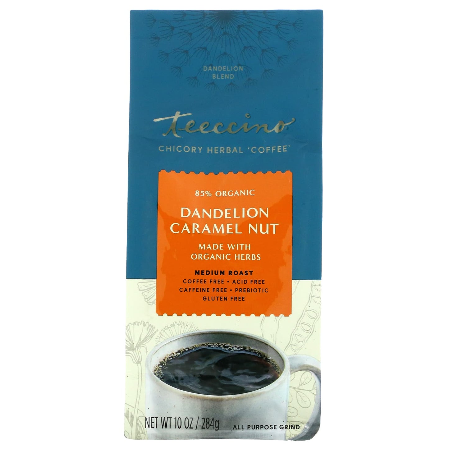 Teeccino-Chicory Herbal Coffee-Dandelion Caramel Nut-Medium Roast-Caffeine Free-10 oz (284 g)