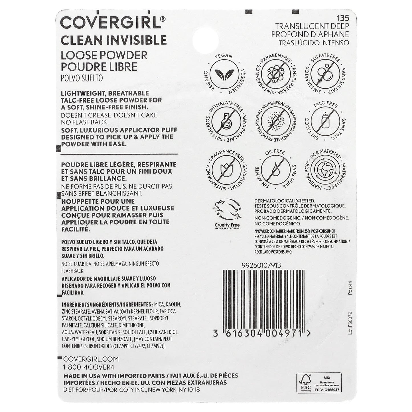 Covergirl, Clean Invisible, Loose Powder, 135 Translucent Deep , 0.63 oz (18 g)