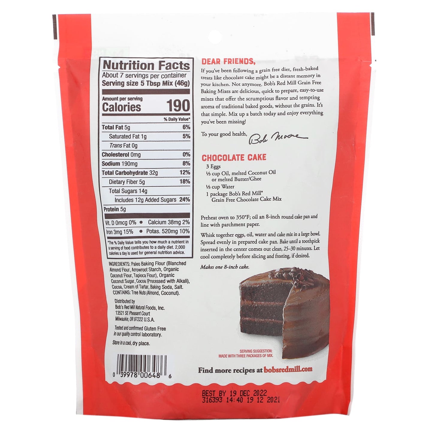 Bob's Red Mill, Grain Free Chocolate Cake Mix, Made with Almond Flour, 10.5 oz (300 g)