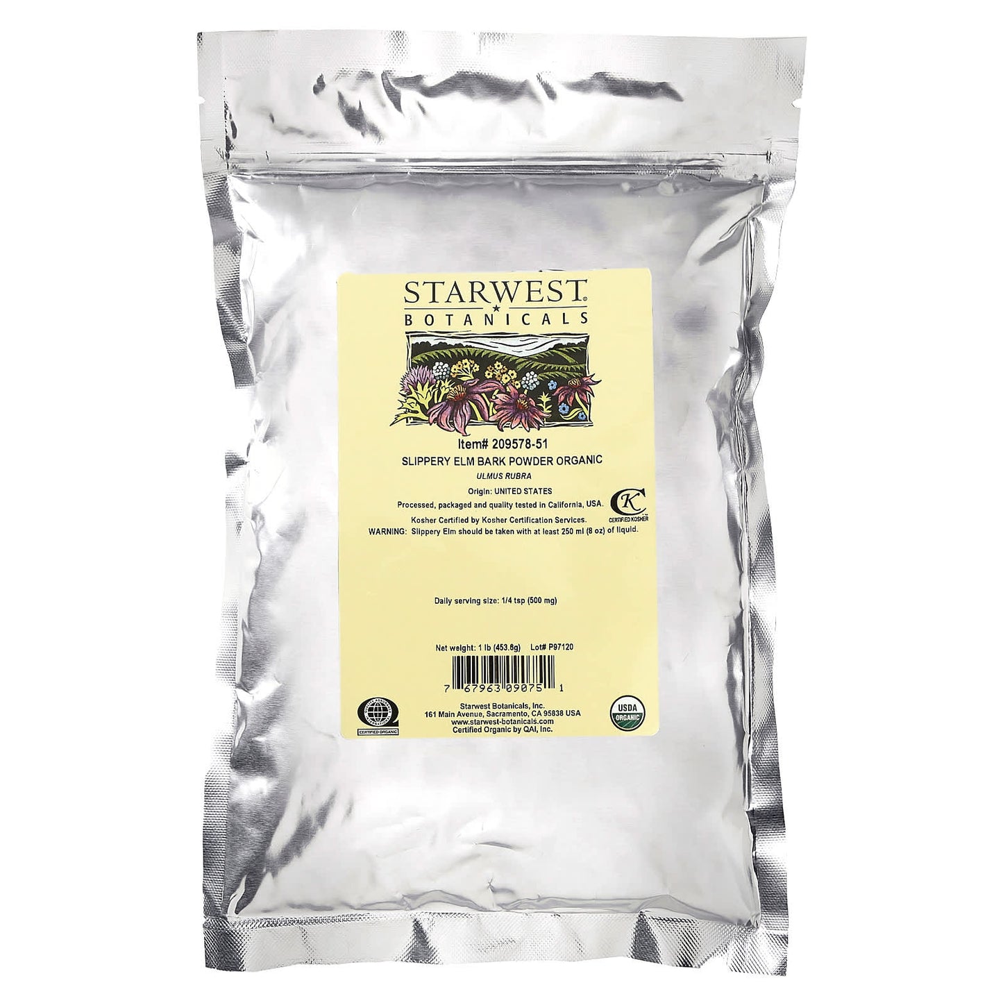 Starwest Botanicals, Organic Slippery Elm Bark Powder, 1 lb (453.6 g)