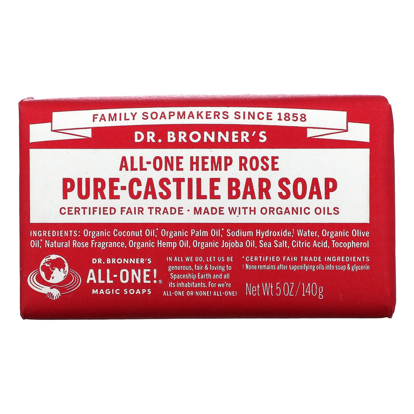 Dr. Bronner's-Pure Castile Bar Soap-All-One Hemp-Rose-5 oz (140 g)