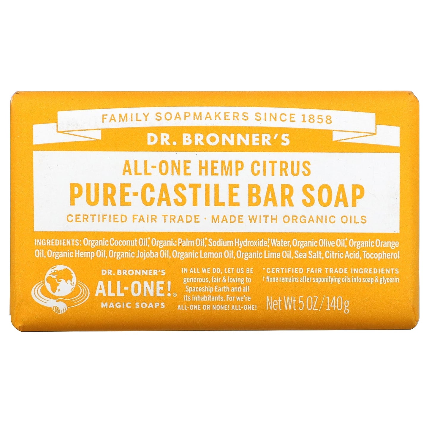 Dr. Bronner's-Pure Castile Bar Soap-All-One Hemp-Citrus-5 oz (140 g)