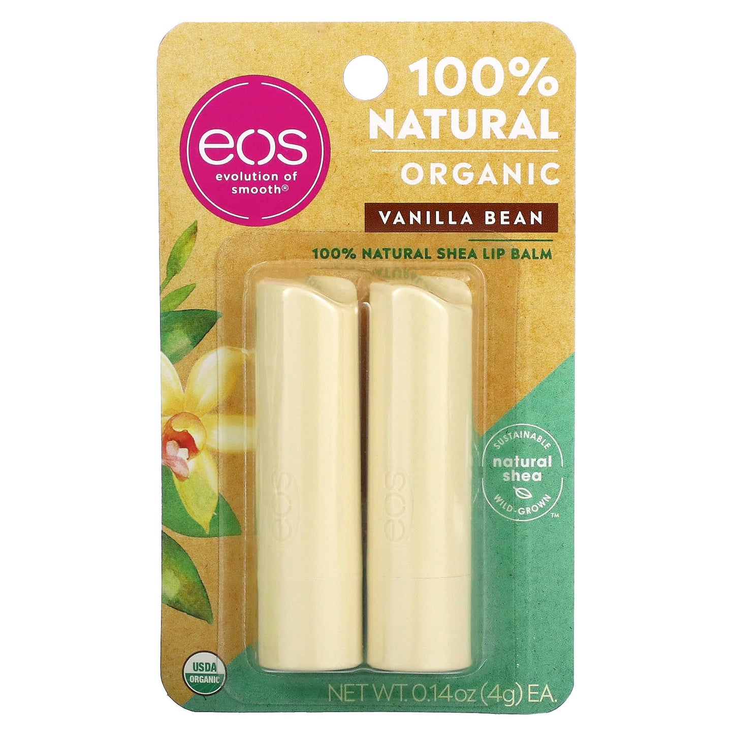 EOS, Organic 100% Natural Shea Lip Balm, Vanilla Bean, 2 Pack, 0.14 oz (4 g) Each