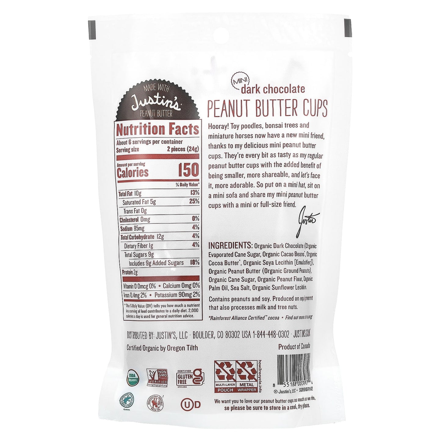 Justin's Nut Butter, Organic Mini Dark Chocolate, Peanut Butter Cups, 4.7 oz (133 g)