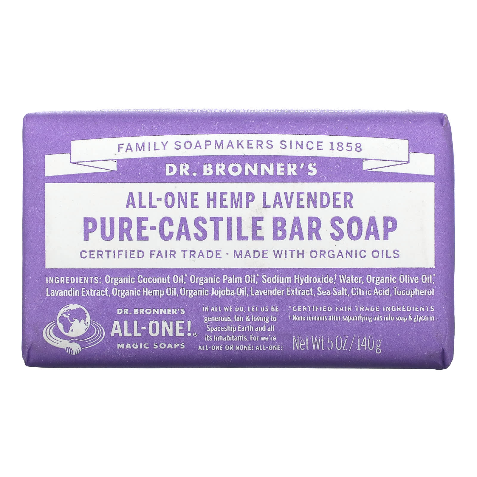 Dr. Bronner's-Pure Castile Bar Soap-All-One Hemp-Lavender-5 oz (140 g)