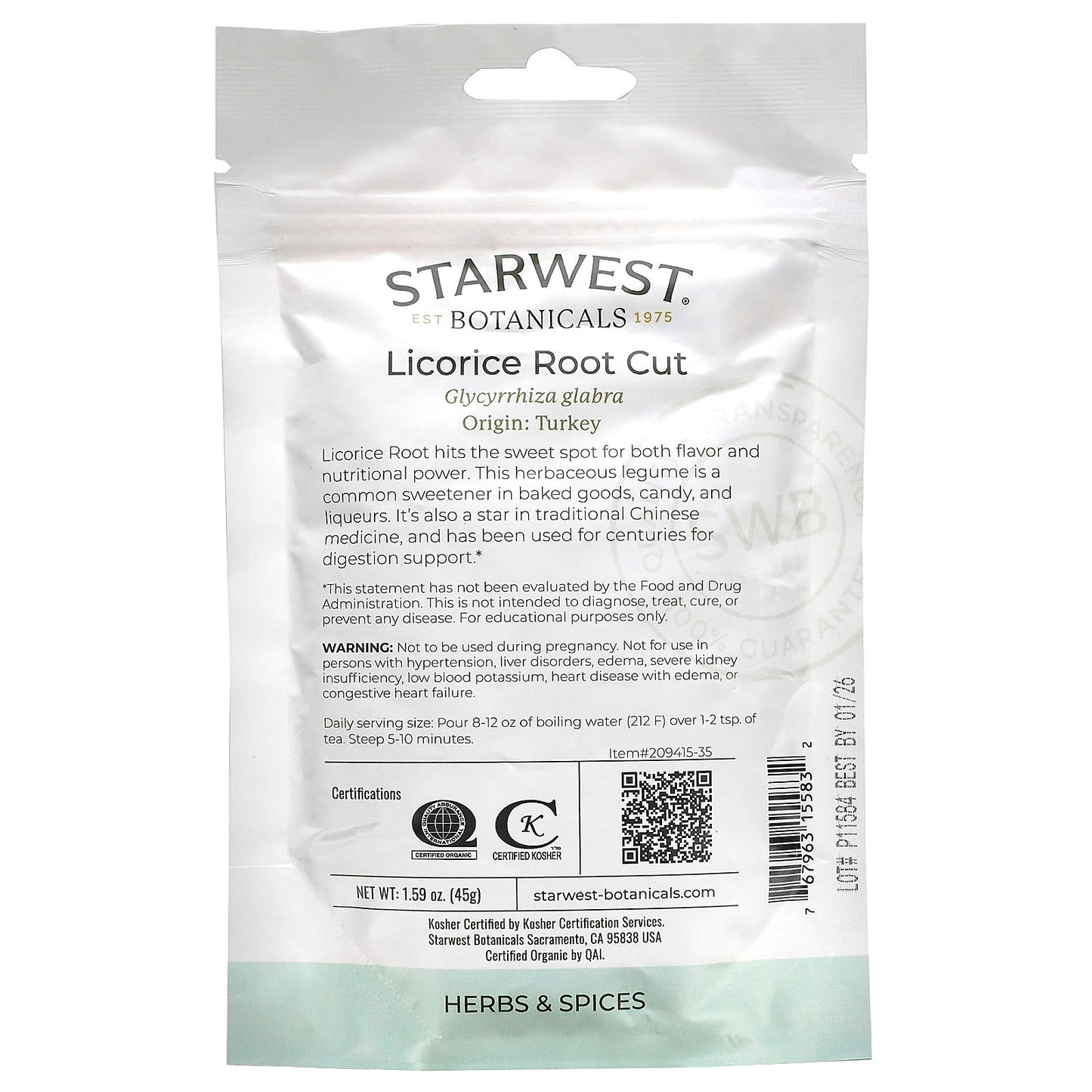 Starwest Botanicals, Certified Organic Licorice Root Cut, 1.59 oz (45 g)