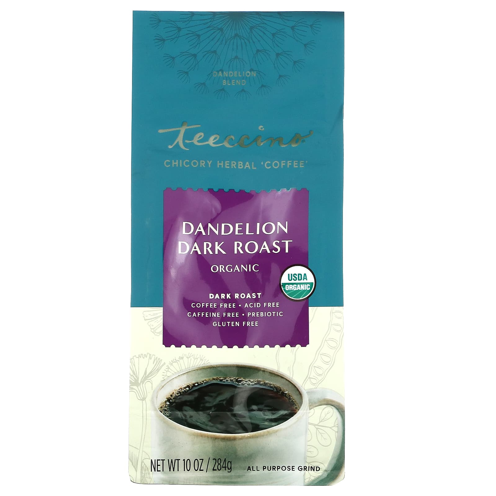 Teeccino-Chicory Herbal Coffee-Dandelion Dark Roast-Caffeine Free-10 oz (284 g)