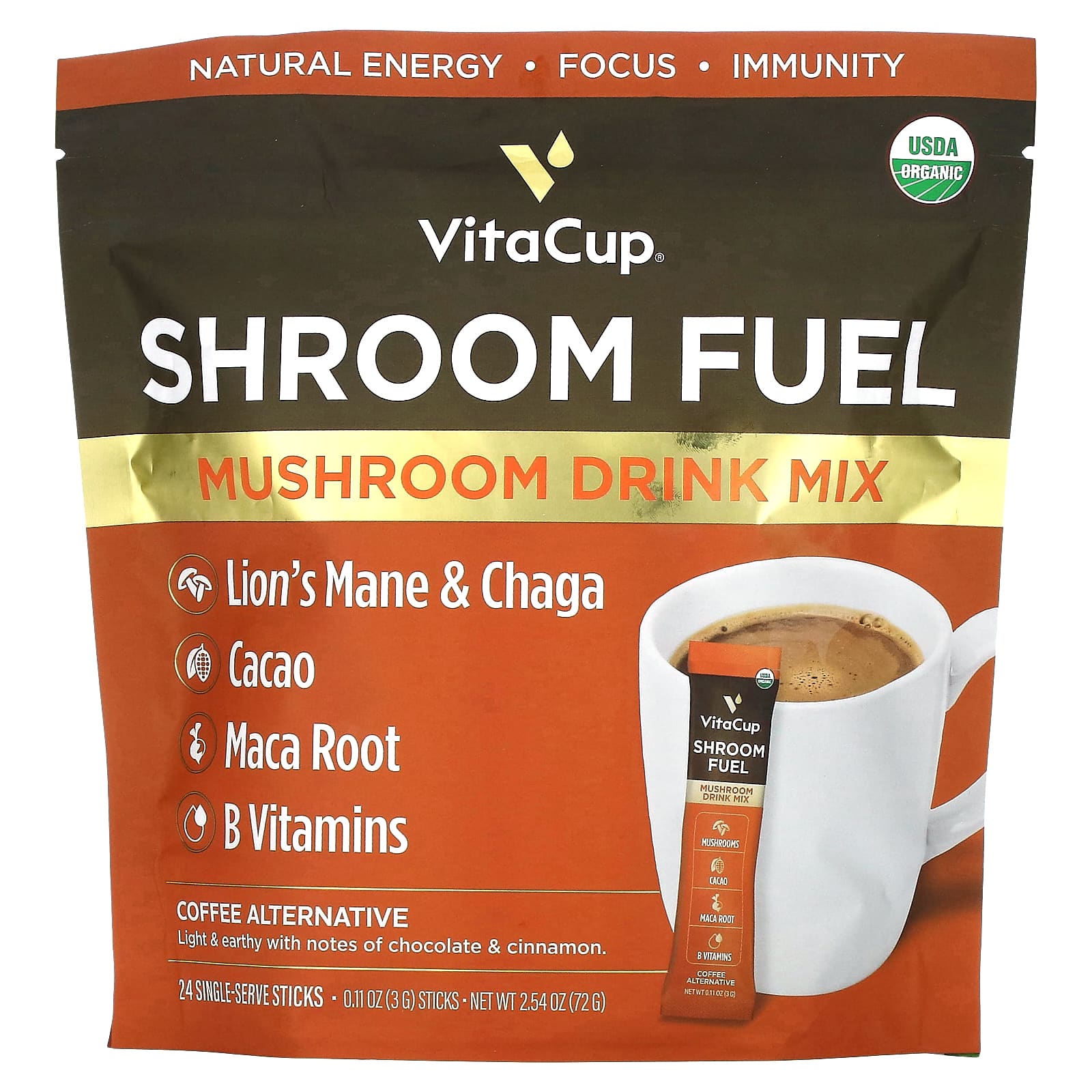 VitaCup-Shroom Fuel-Mushroom Drink Mix-24 Single-Serve Sticks-0.11 oz (3 g) Each