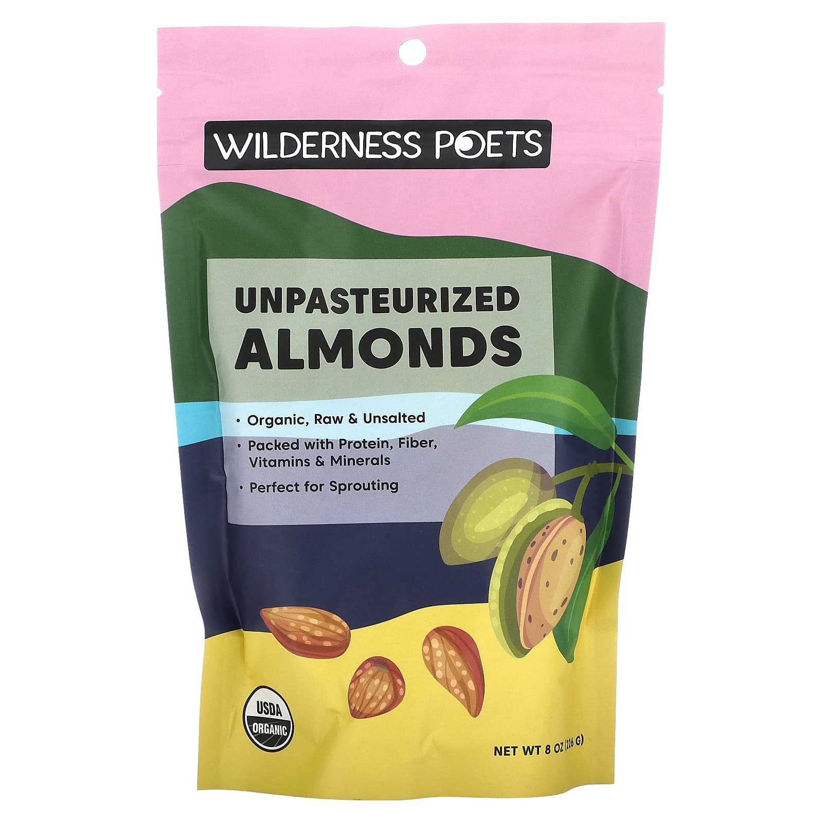 Wilderness Poets-Organic Unpasteurized Almonds-Unsalted-8 oz (226 g)