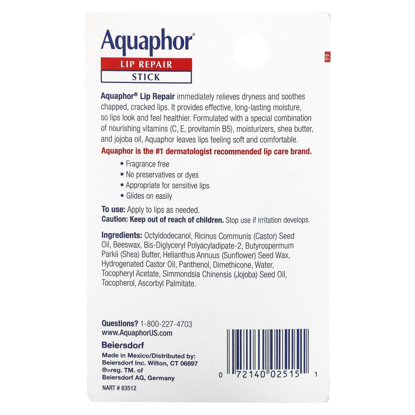 Aquaphor, Lip Repair, Stick, Immediate Relief, Fragrance Free, 1 Stick,  0.17 oz (4.8 g)