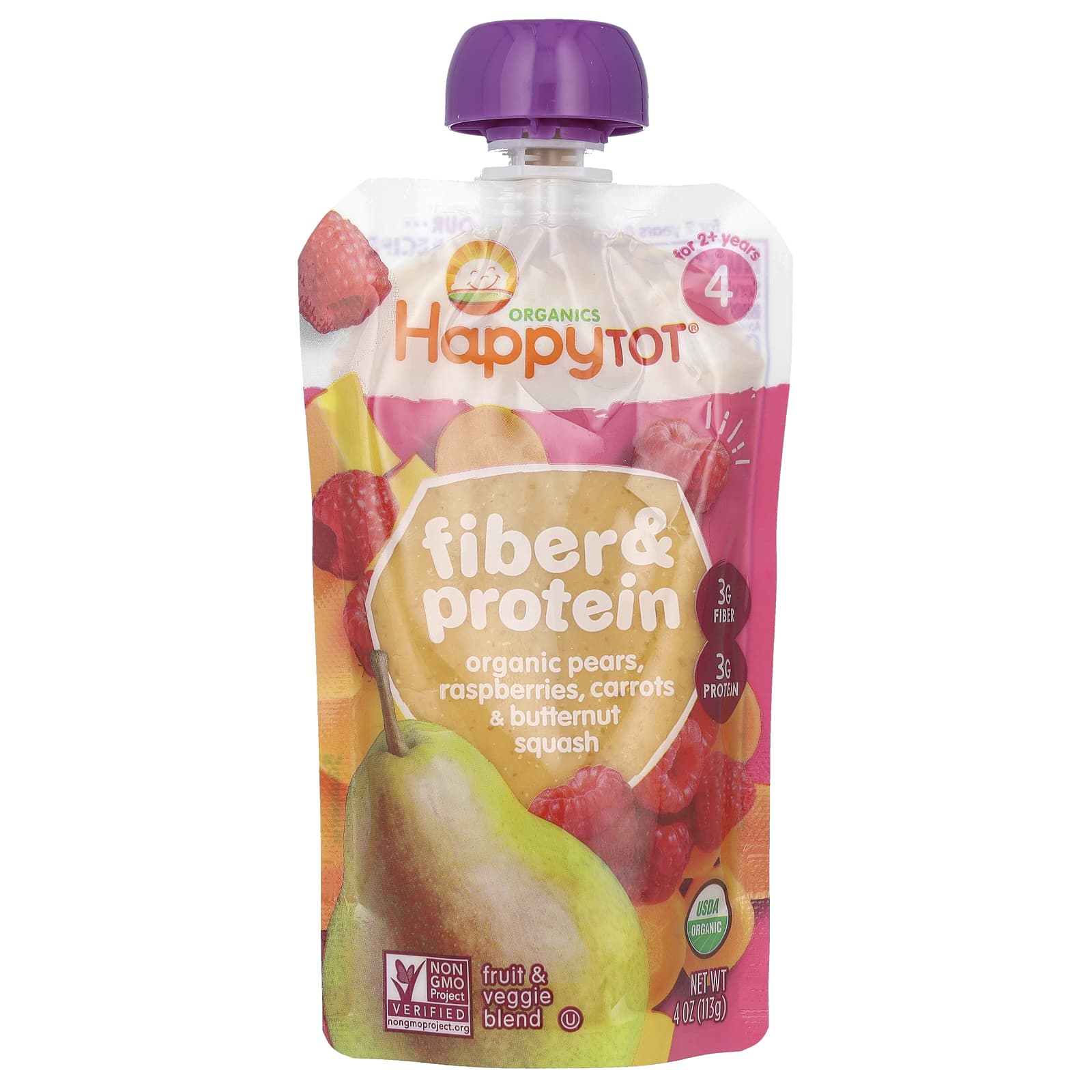 Happy Family Organics-Happy Tot-Fiber & Protein-2+ Years-Organic Pears-Raspberries-Carrots & Butternut Squash-4 oz (113 g)