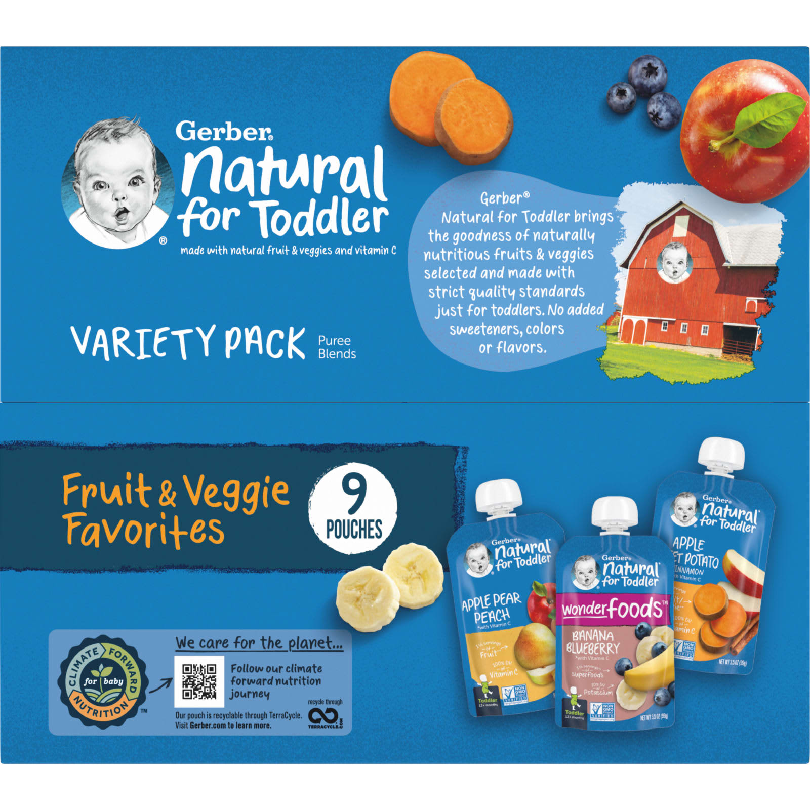 Gerber-Natural for Toddler-Variety Pack-12+ Months- Fruit & Veggie Favorites-9 Pouches-3.5 oz (99 g) Each