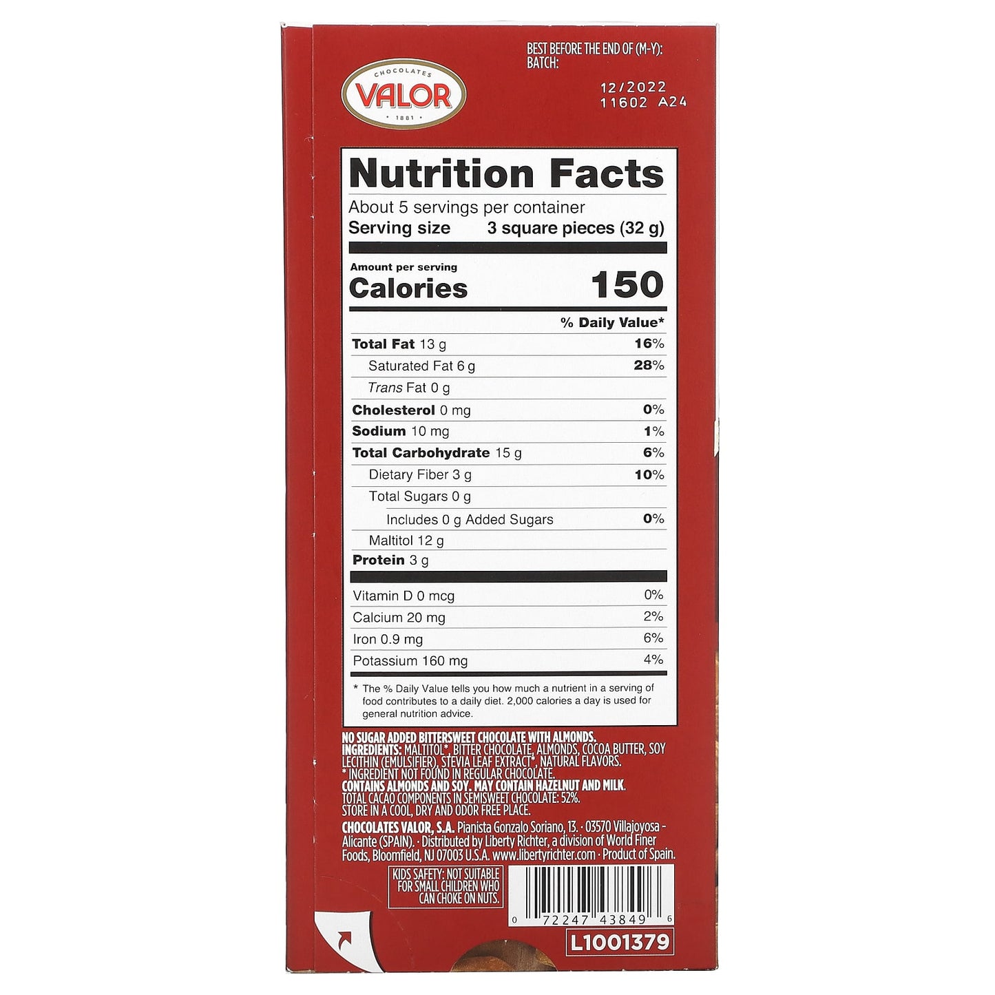 Valor, 0% Sugar Added, Dark Chocolate with Almonds, 5.3 oz (150 g)