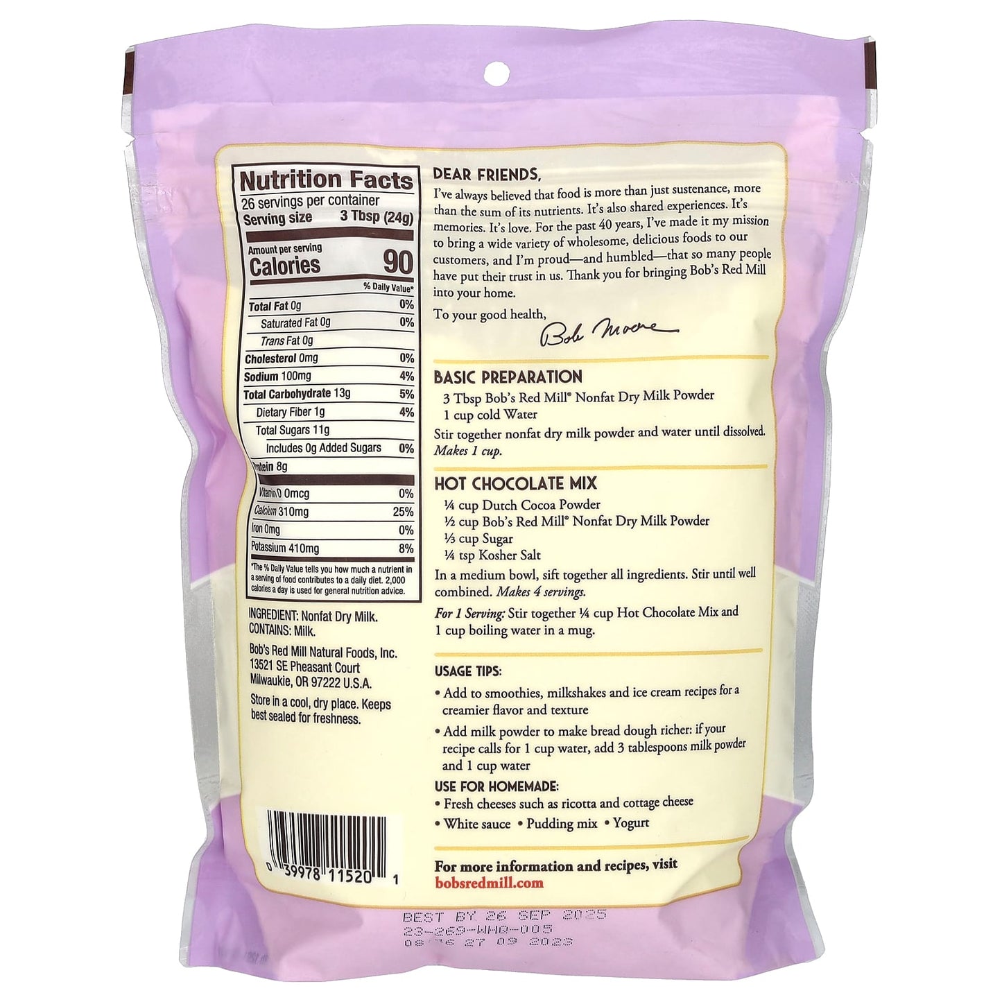 Bob's Red Mill, Milk Powder, Nonfat Dry, 22 oz (624 g)