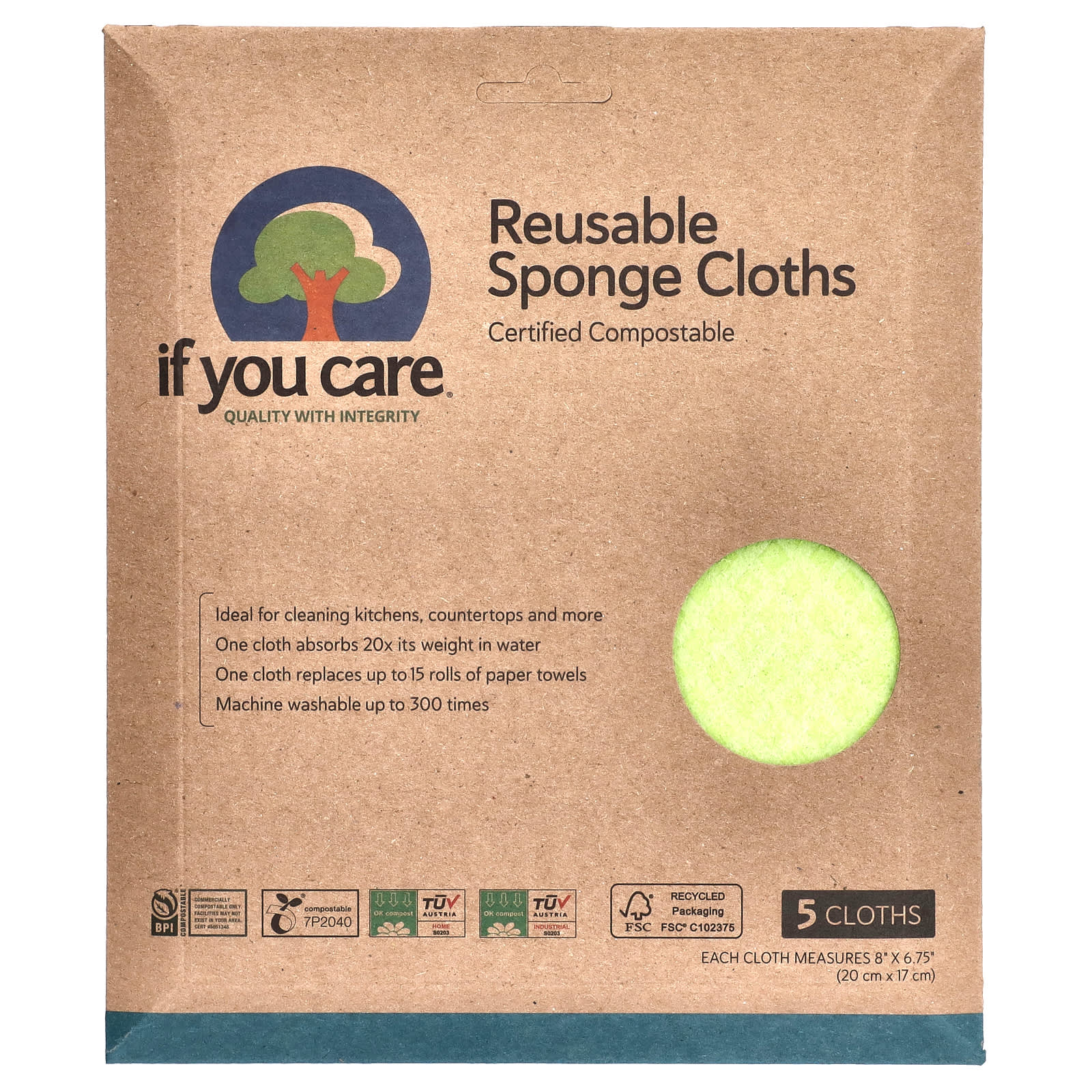 If You Care-Reusable Sponge Cloths-5 Clothes-8" x 6.75" (20 cm x 17 cm) Each