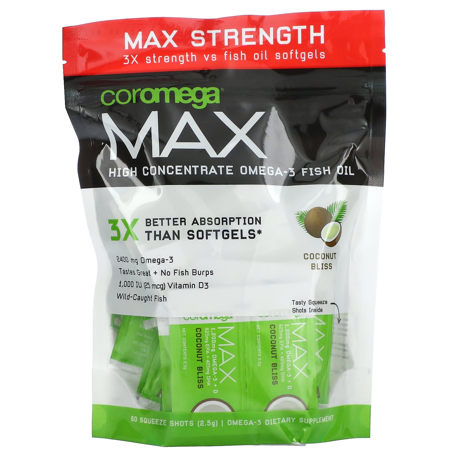 Coromega-Max-High Concentrate Omega-3 Fish Oil-Coconut Bliss-2,400 mg-60 Squeeze Shots-2.5 g Each (1,200 mg per Packet)