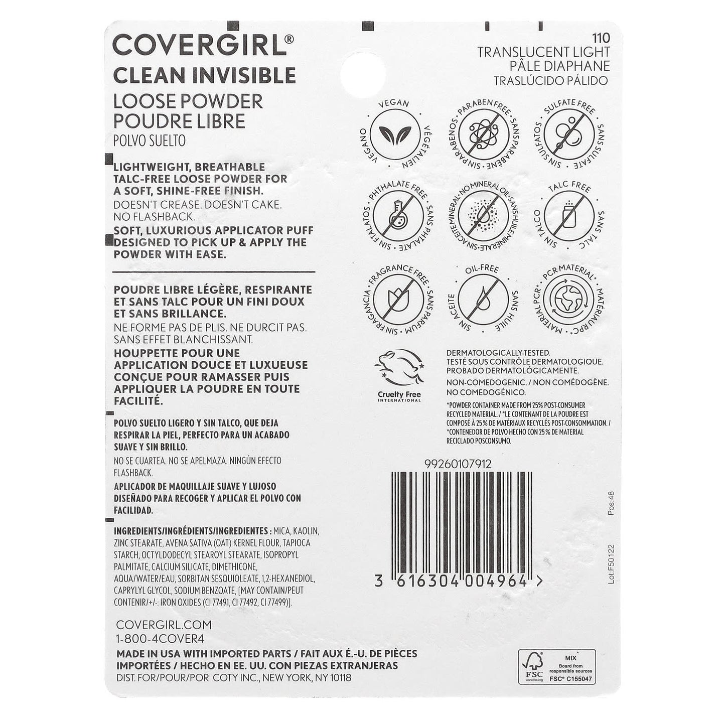 Covergirl, Clean Invisible, Loose Powder, 110 Translucent Light, 0.63 oz (18 g)