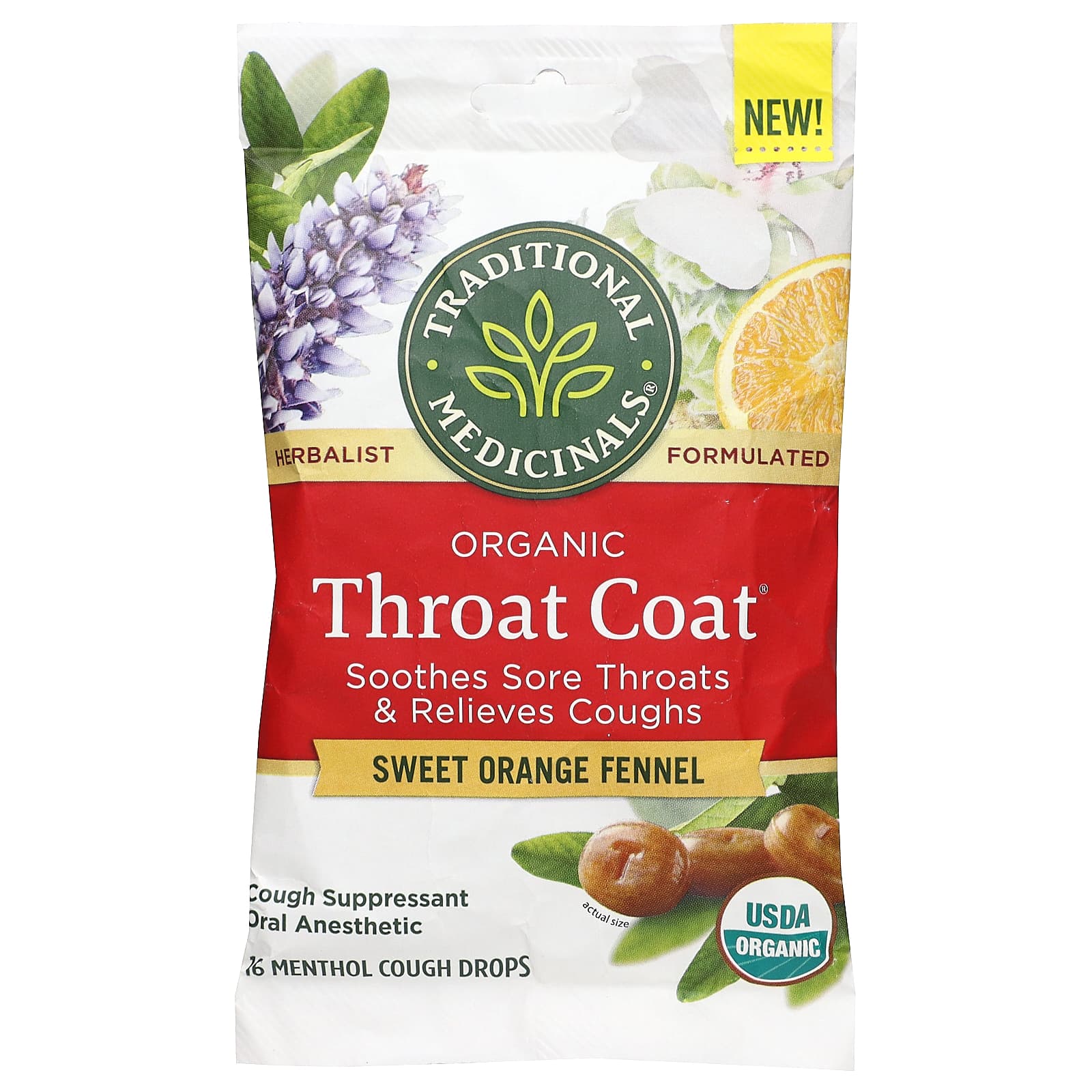 Traditional Medicinals-Organic Throat Coat Drops-Sweet Orange Fennel-16 Menthol Cough Drops