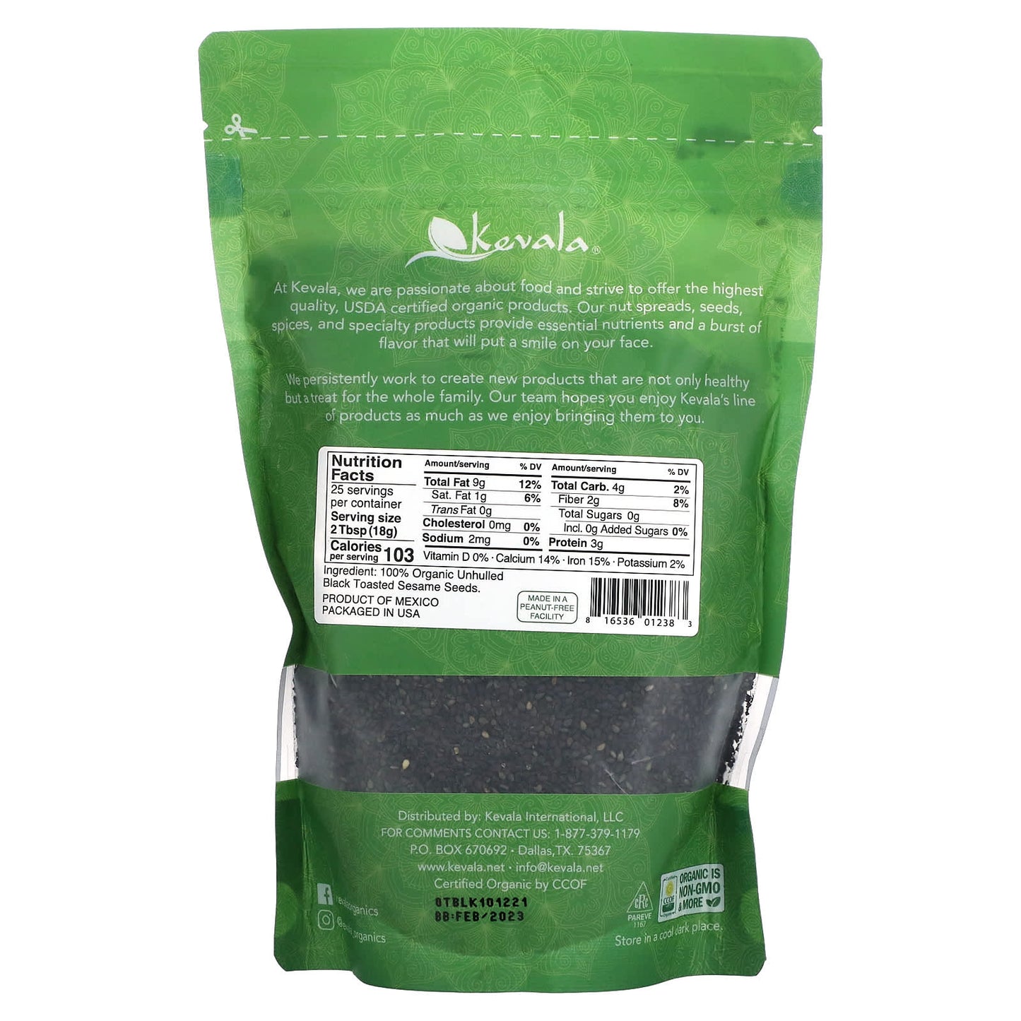 Kevala, Organic Black Toasted Sesame Seeds, Unhulled, 16 oz (454 g)