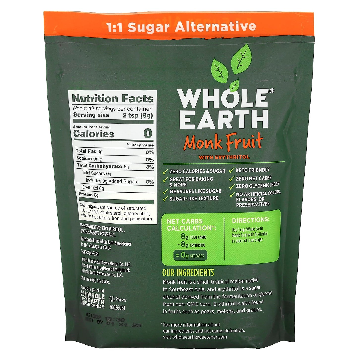 Whole Earth, Monk Fruit with Erythritol, 12 oz (340 g)