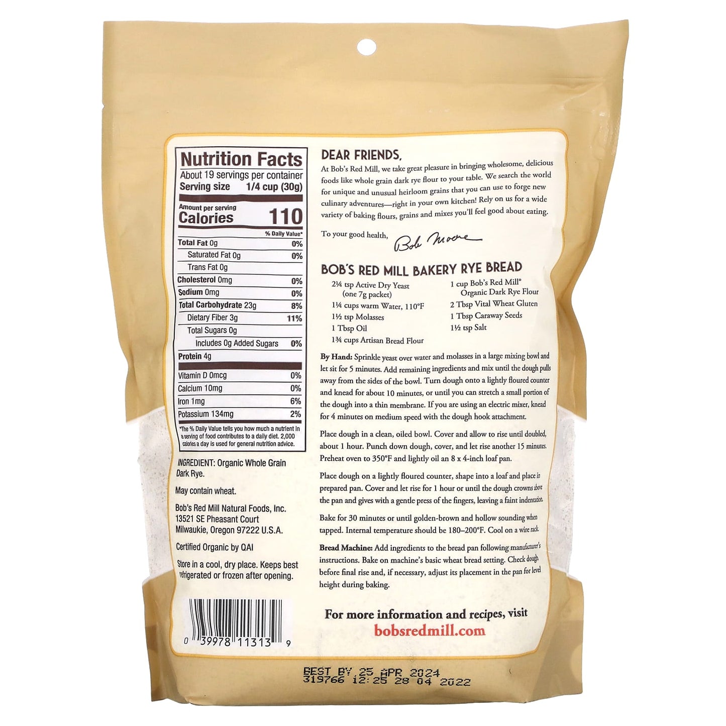 Bob's Red Mill, Organic Dark Rye Flour, Whole Grain, 20 oz (567 g)