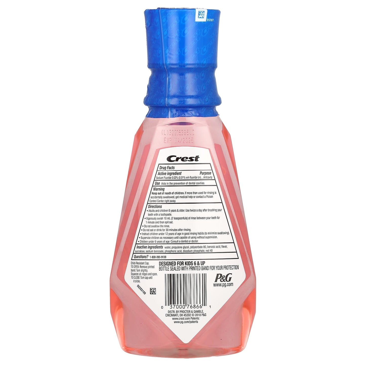 Crest, Kids, Anticavity Fluoride Rinse, Alcohol Free, Strawberry Rush, 16.9 fl oz (500 ml)