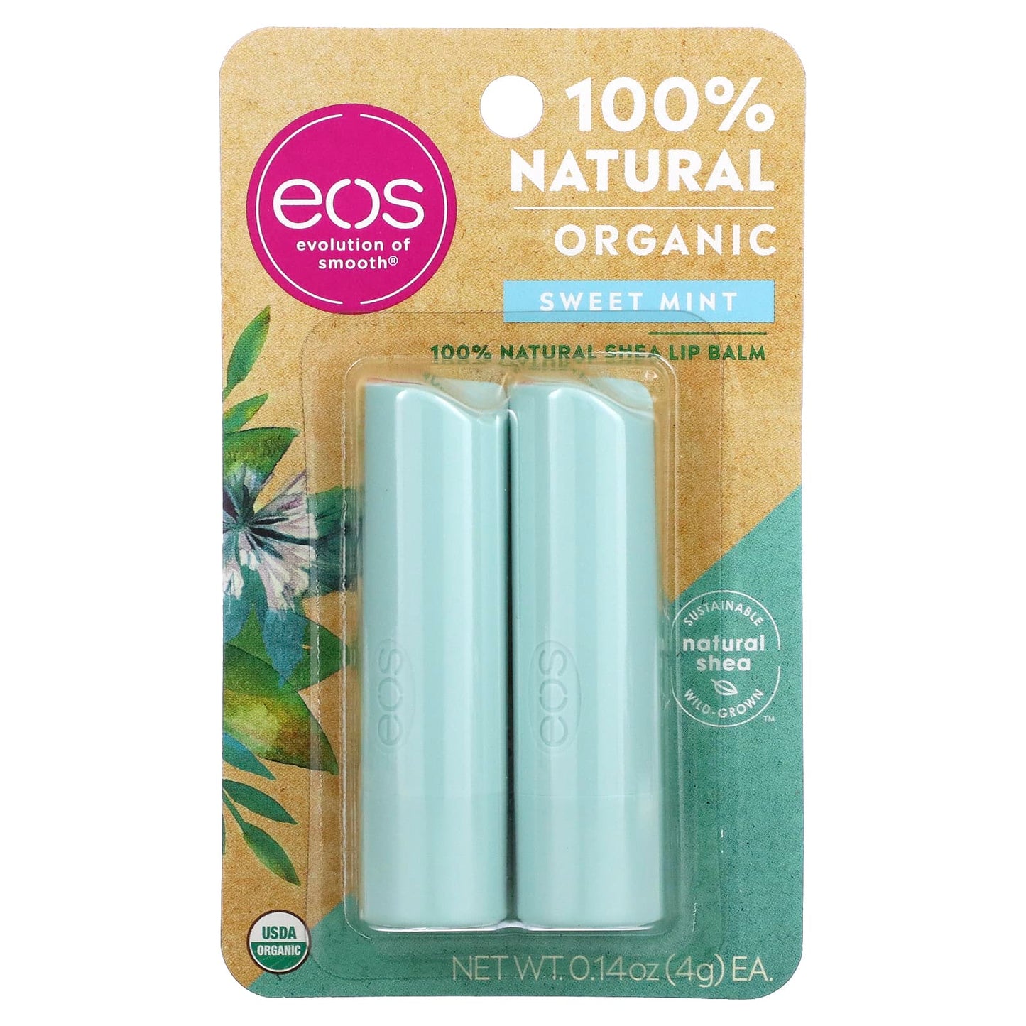 EOS, Organic 100% Natural Shea Lip Balm, Sweet Mint, 2 Pack, 0.14 oz (4 g) Each