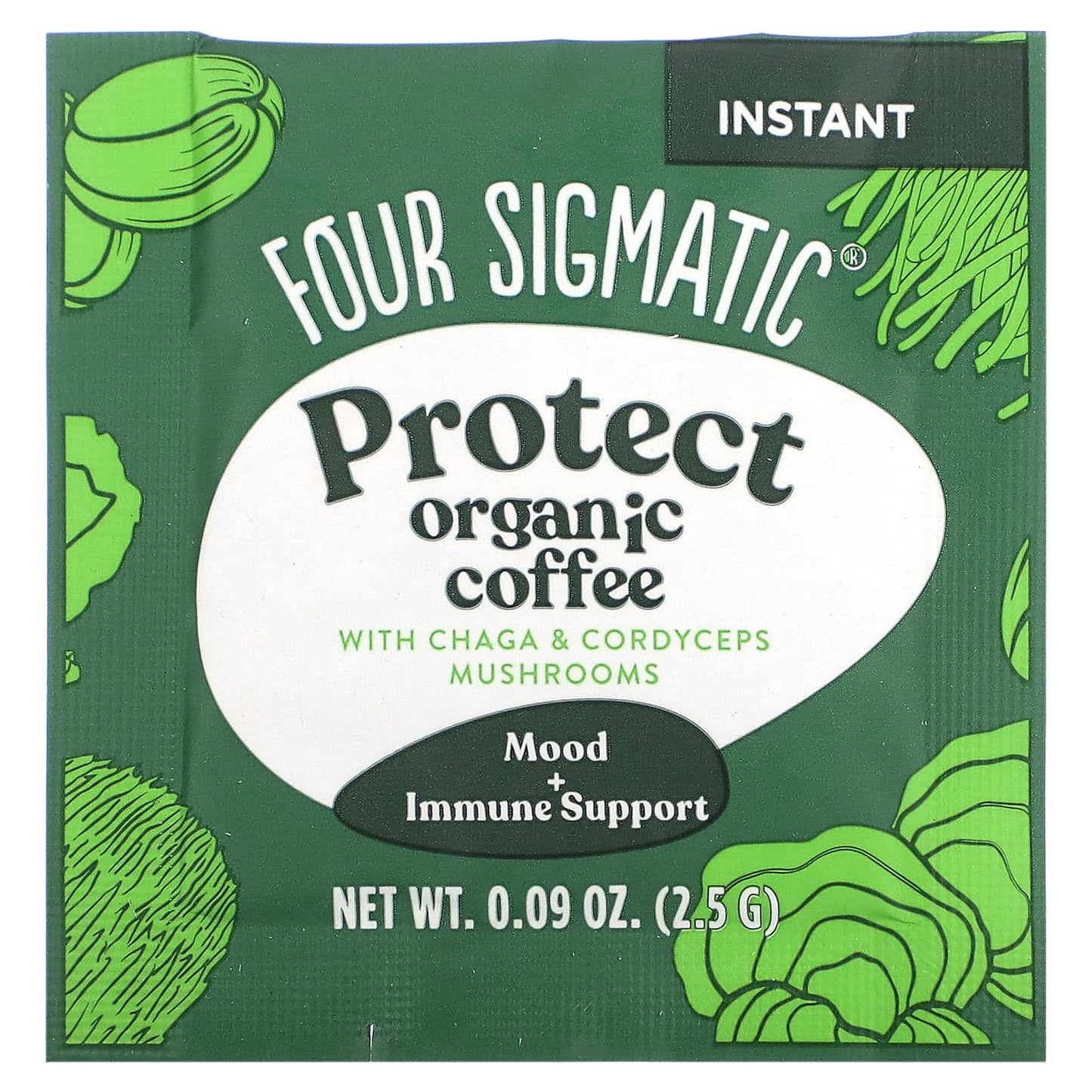 Four Sigmatic, Instant Organic Coffee with Chaga & Cordyceps Mushrooms, Protect, Medium Roast, 10 Packets, 0.09 oz (2.5 g) Each