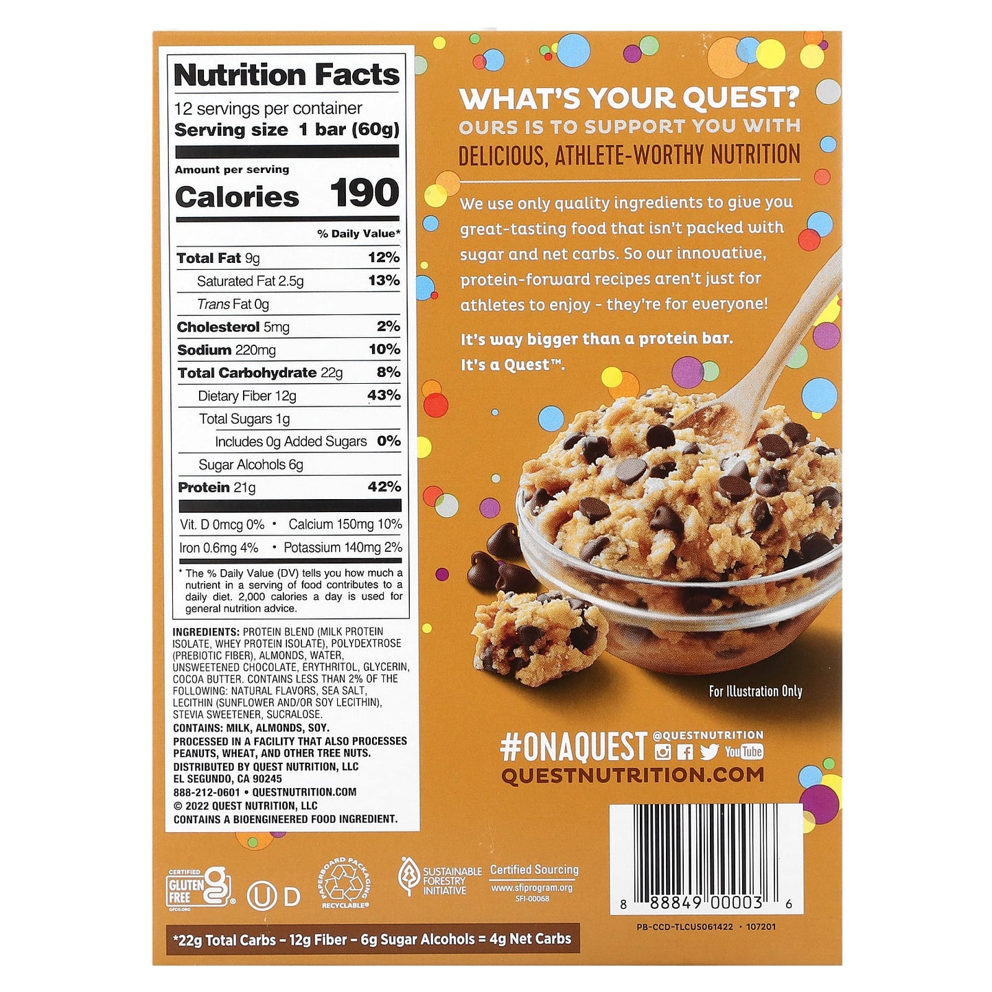 Quest Nutrition, Protein Bar, Chocolate Chip Cookie Dough, 12 Bars, 2.12 oz (60 g) Each