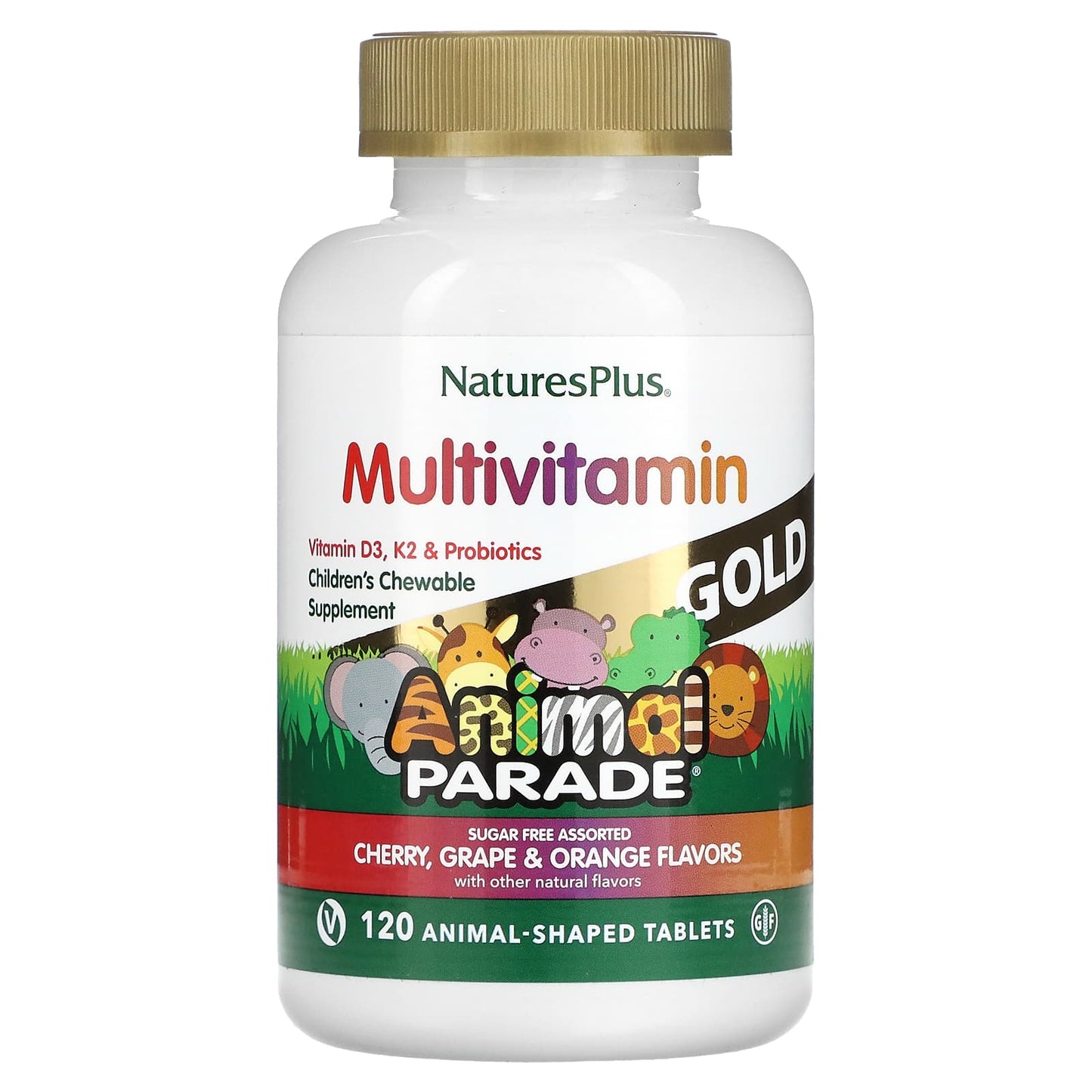 NaturesPlus-Animal Parade Gold-Children's Chewable Multivitamin Supplement-Cherry-Grape & Orange-120 Animal-Shaped Tablets