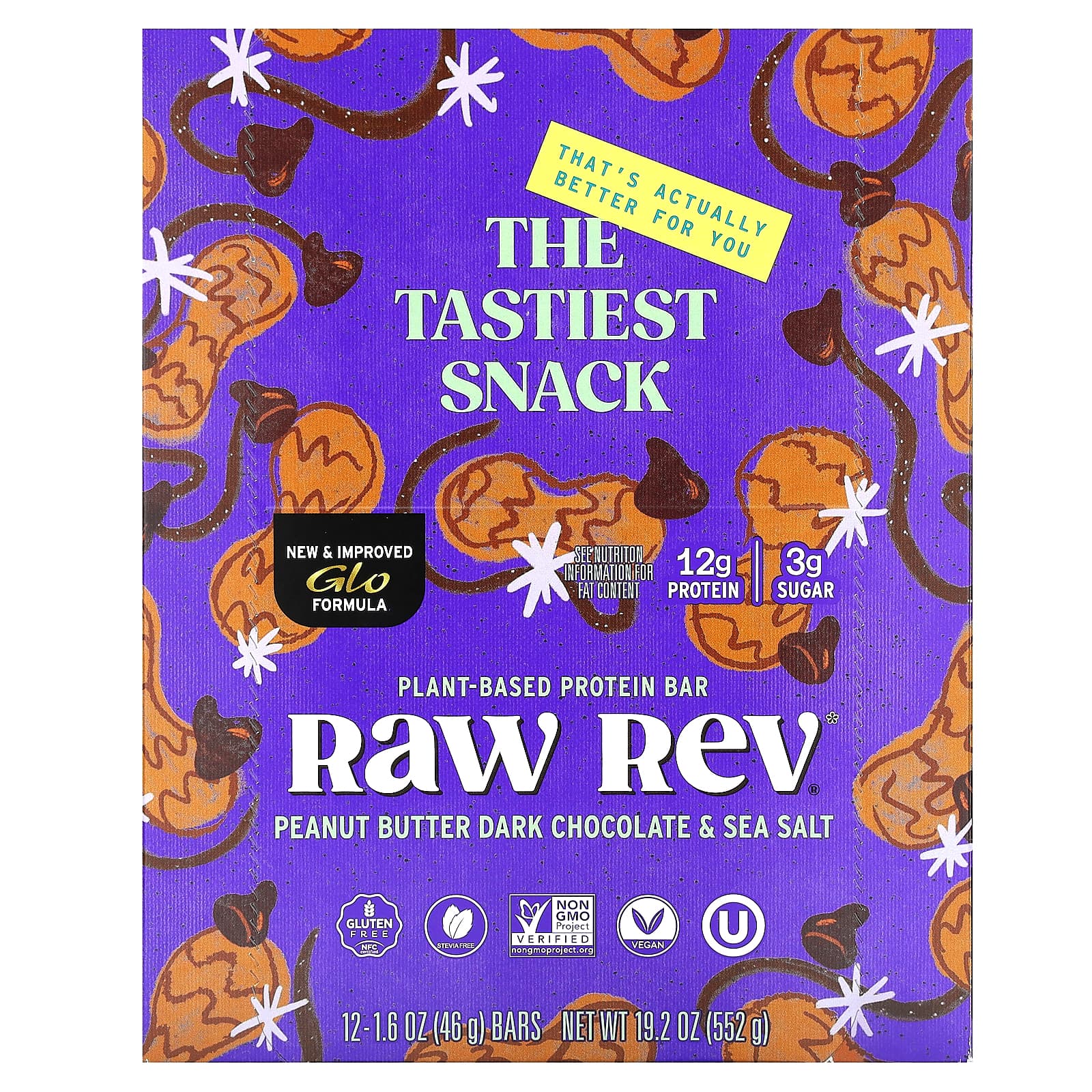 Raw Rev-Plant-Based Protein Bar-Peanut Butter Dark Chocolate & Sea Salt-12 Bars-1.6 oz (46 g) Each