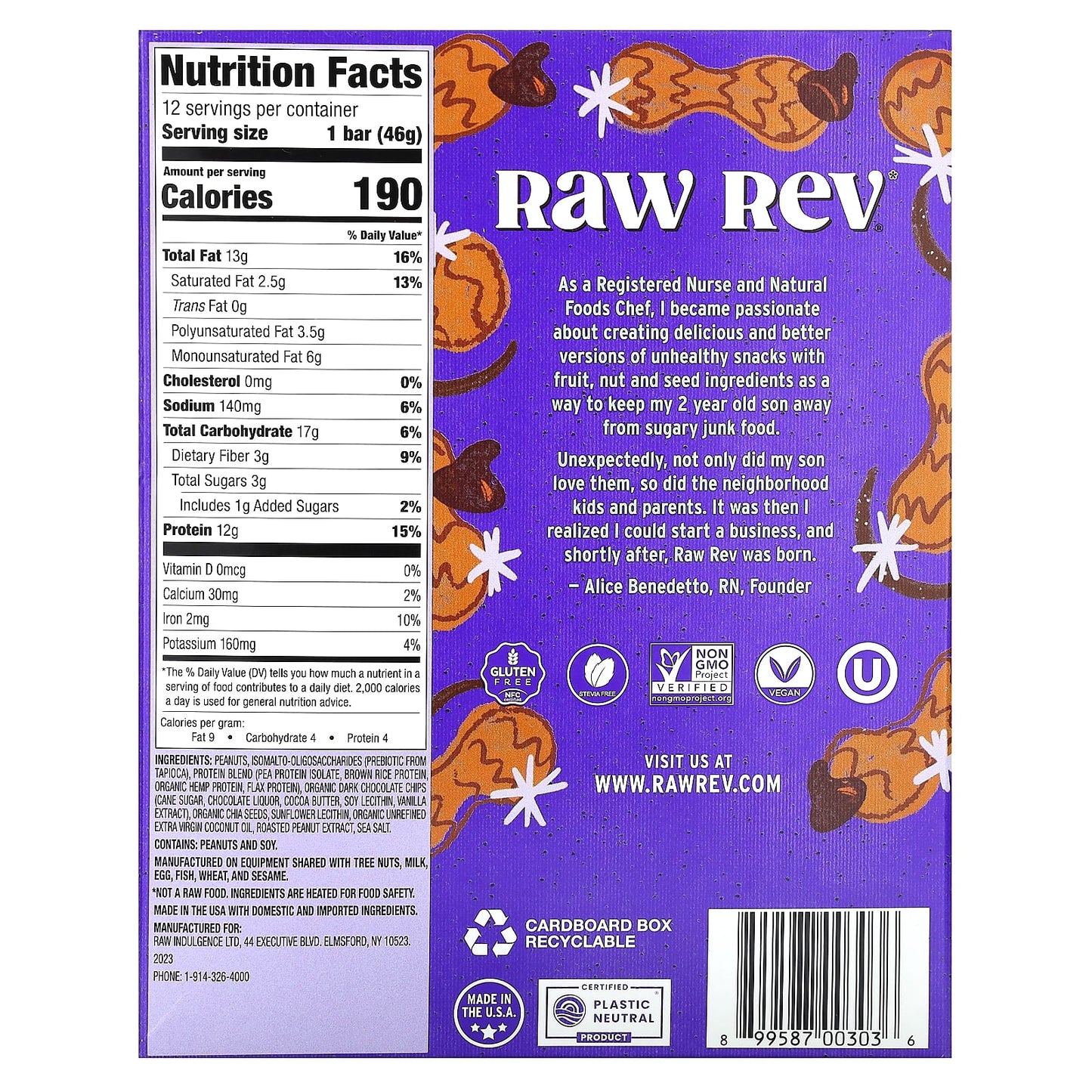 Raw Rev, Plant-Based Protein Bar, Peanut Butter Dark Chocolate & Sea Salt, 12 Bars, 1.6 oz (46 g) Each