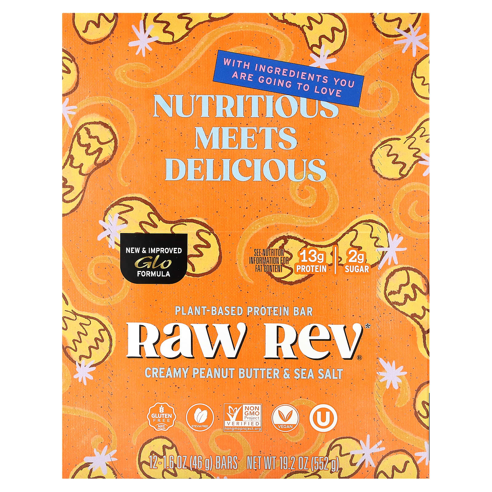 Raw Rev-Plant-Based Protein Bar-Creamy Peanut Butter & Sea Salt-12 Bars-1.6 oz (46 g) Each