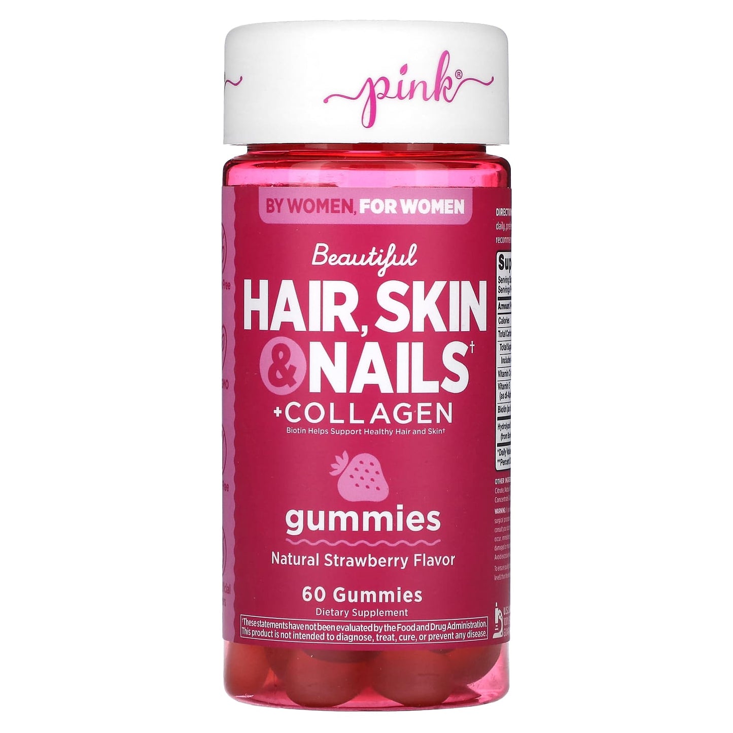 Pink-Beautiful Hair-Skin & Nails + Collagen-Natural Strawberry-60 Gummies