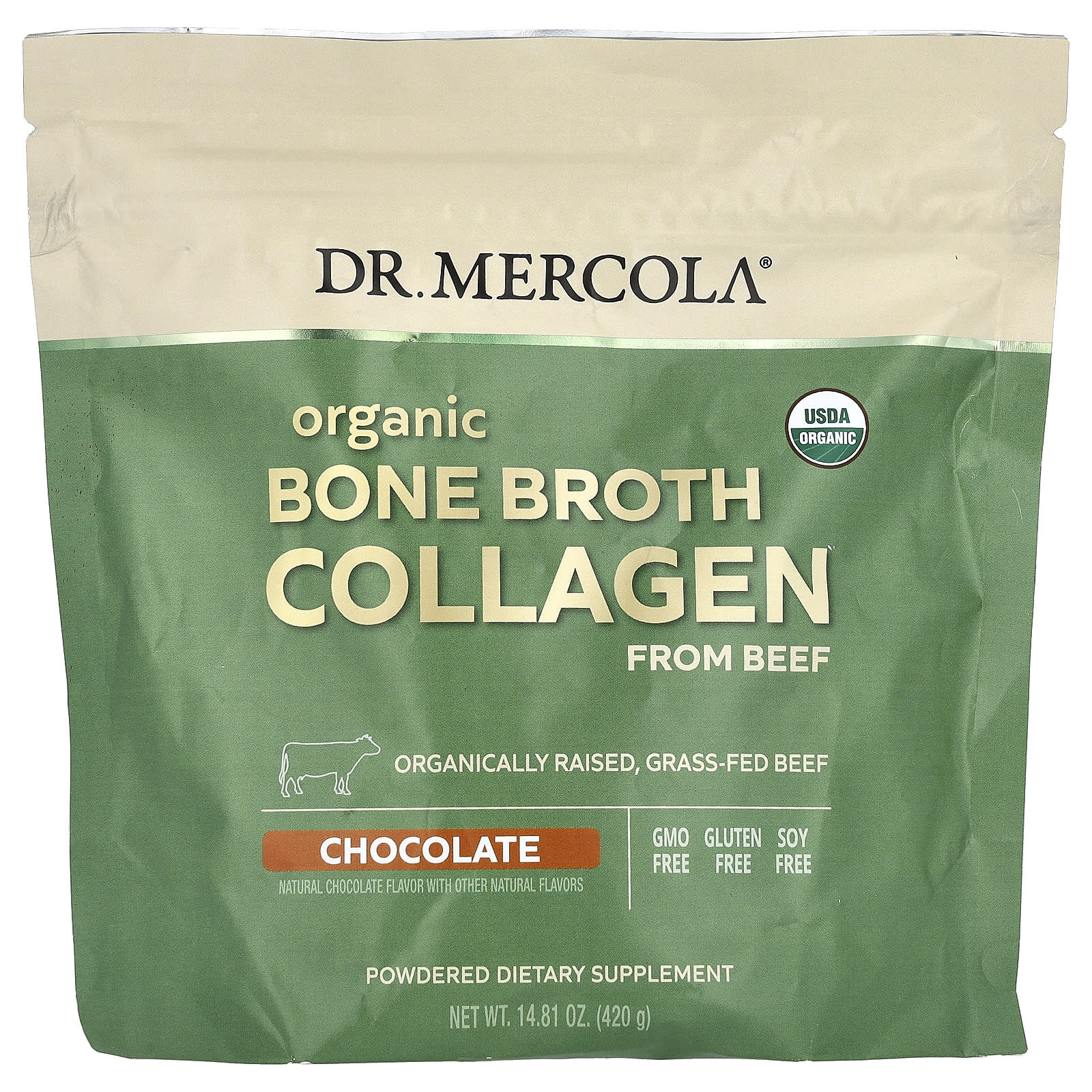 Dr. Mercola-Organic Bone Broth Collagen from Beef-Chocolate-14.81 oz (420 g)